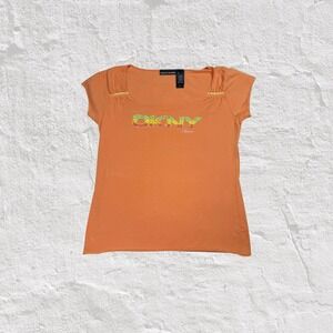 DKNY T-Shirt Top Women's L Orange Pastel Sequin Short Sleeve Y2K 2000s Summer